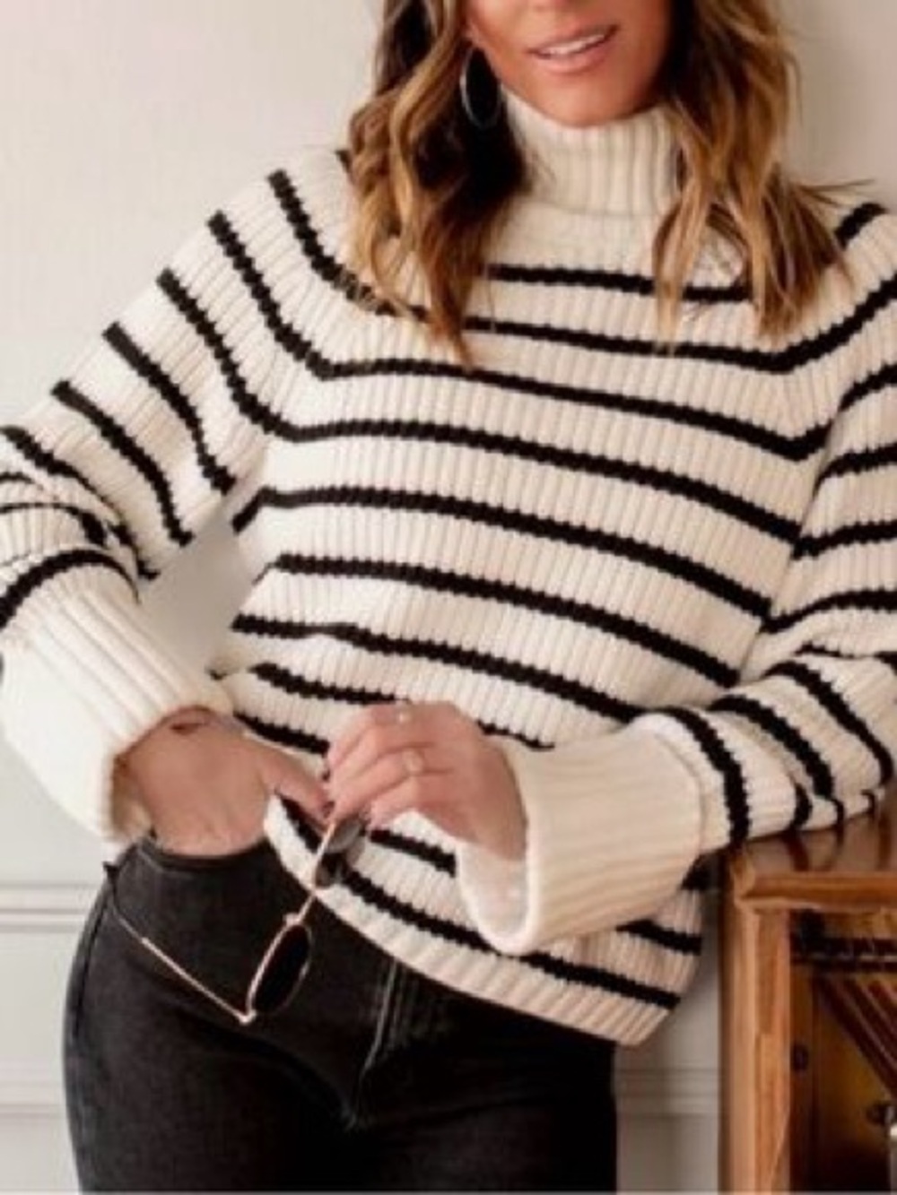 Abercrombie & Fitch Turtleneck Striped Rib-Knit Sweater - Cream/Black